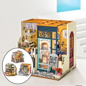 Миниатюрен Комплект Мебели за куклена Къща дърво Магазин с Led Подсветка 3D Пъзел Свети Валентин