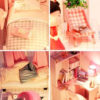 Куклена Къща с Реалистични Мебели с Led Подсветка, Изделия от Дърво, Розово Къща, Творческа Стая, 3D Пъзели, Модел за Самостоятелно Сглобяване за Момичета