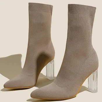 2023 Нови Прозрачни Чорапи На Площада обувки, Дамски Ежедневни Обувки Кайсиев Цвят От Еластична Еластична Тъкан с остри Пръсти, Дишащи Модни Обувки