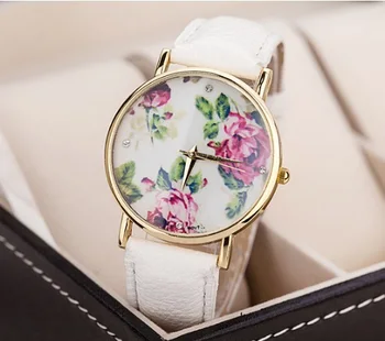 Нов ГОРЕЩ Продавачът Geneva Flowers Часовник Дамски ръчен часовник от Изкуствена Кожа ежедневна рокля часовници Подарък reloj
