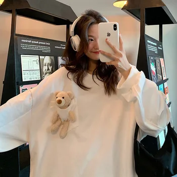 Пуловер с Мече От Памук 2020 пролет и есен Корейски оверсайз свободен дълъг ръкав Кръгъл отвор украса джоба мечка