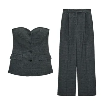 COS LRIS есенно-зимния ново дамско бельо с яка във формата на сърце, секси жилетка, топ + широки панталони с висока талия 2079/762
