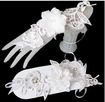 Евтини Дамски Сватбени Къси Ръкавици Без Пръсти, Бели Дантелени Ръкавици С Кристали, Прозрачни Сватбени Ръкавици С Цветен Модел За Булката