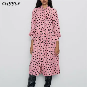 CHBBLF жена красива розова рокля миди с принтом в грах, яка-пеперуда, дълъг ръкав, дамски ежедневни плисирани рокли, vestidos HJH2303