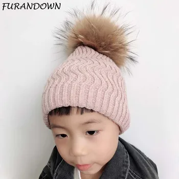 шапка с помпоном за момчета и момичета, детски зимни вълнени шапки за деца, однотонная вязаная шапчица с помпоном от естествена кожа