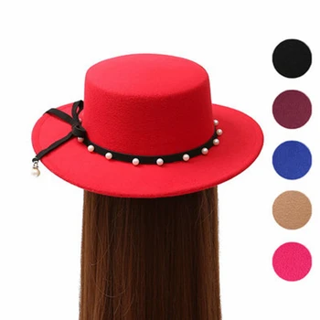Есенно-зимни филц шапки, дамски шапка с плоска периферия, плосък цилиндър, на женската индивидуалност, имитация на перли, вълнена фетровая шапка, Панама