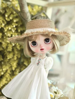 Кукла Костюм Blythes for1/6 OB24, размер 30 см, модерно ново супер страхотна рокля с квадратна яка и ръкави-мехурчета, бяло + шапка, комплект от 2 теми, лятно