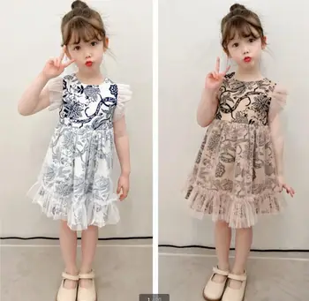 Синьо-бяло фарфоровое рокля за момичета, лятото ново памучно сетчатое принцеса рокля с летящими ръкави в китайски стил, GC860