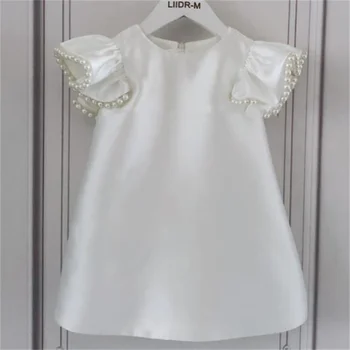 Однотонное трапециевидное бяла рокля на принцеса с цветя модел за момичета за рожден ден, перлена рокля-жилетка с голям лък