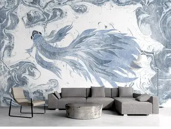 XUE СУ Потребителски тапети стенопис елегантната нова Китайска синьо-бялата живопис, акварел текстура златната рибка ТЕЛЕВИЗИЯ фон стенни плат