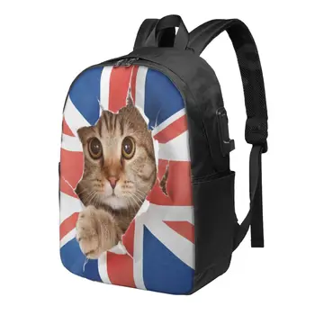 Британската Котка Англия Флаг на Великобритания Сладък 3D Забавен Животински Пътен Раница За Лаптоп Чанта за Книги с USB Порт Раница Студентски Училищна Чанта За Колеж
