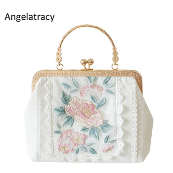 2020 Angelatracy Нова Чанта От Бяло Злато С Цветна Бродерия, Японска Роза в стил Лолита