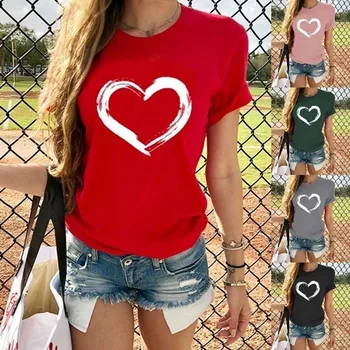 Дамски ежедневни тениска с къс ръкав, лятна Модна Тениска с кръгло деколте и принтом във формата на сърце, Свободни Топове, червен/черен/Розов/сив/Зелен
