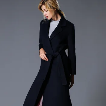 дамско зимно палто от тъмно синьо, двустранен вълнена кашмир на горно облекло, есента на 2019, по-големи размери, дамски модни палто, дълго...