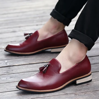 Лесни и удобни за мъже червени кожени обувки, лоферы, луксозни и ежедневни обувки без обков с пискюли, висококачествени ежедневни обувки, модни дизайнерски мокасини