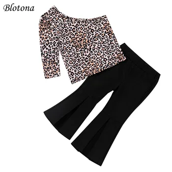 Костюма с тениска и панталони за момичета от Blotona, модни леопардовые блузи с дълъг ръкав и наклонени рамене и обикновен панталон-тръба, от 1 до 6 години
