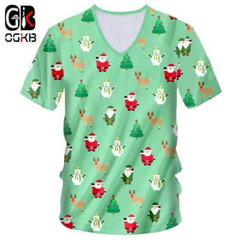 OGKB Мъжка тениска Нова Мини коледно Дърво и Лосове с 3D Принтом Дядо Коледа и Снежен Голям Размер 5XL Мъжка Тениска с V образно деколте