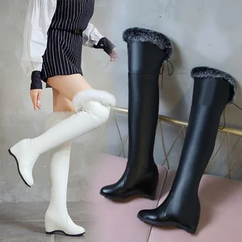FXYCMMCQ/ Нова корейска версия, високи ботуши с домакинството е заек вълна вътре, Модни дамски ботуши над коляното ботуши X2-7