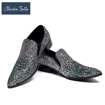 Christia Bella/Сребристи Блестящи мъжки лоферы с пайети, мъжки модел обувки на плоска подметка, мъжки обувки на плоска подметка от естествена кожа