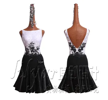 Индивидуално рокля за латино танци Jiahuixin, Рокля за изказвания, Бяла и Черна Рокля с Плосък яка, Бродирана Пола на Бедрата