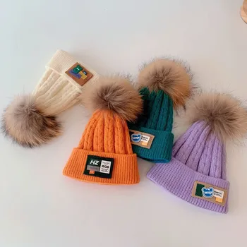 Гореща разпродажба 2021 година, корейската детска вязаная на една кука вълнена шапка с голяма топка за коса, детски копчета, запазването на топлината през есента и зимата