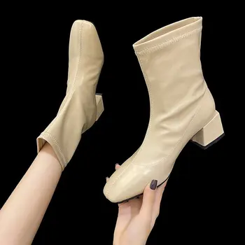 2022 г., Нови дамски обувки на руното лигавицата, дамски есен-зима ботильоны на дебелите обувки с токчета, ботуши Martin на среден ток, участък с квадратни пръсти, Лукс