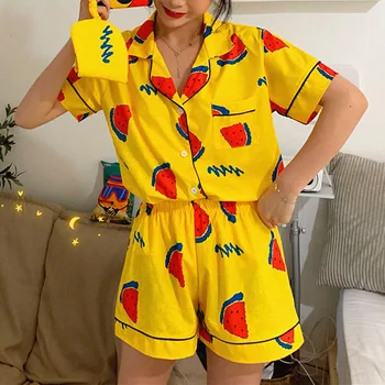 дамски свободна лятна пижама с принтом диня, пижамный комплект за момичета нов стил, сладко сладко назъбена яка, домашно облекло, жълти копчета