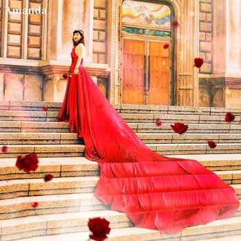Amanda Секси Halter Red Prom Dress Long Sweep Влак вечерна рокля апартамент 2023 Beach Open Back Party Dress Шифон Evening Dress