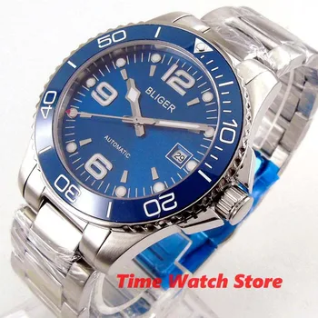 Луксозни Bliger 40 мм Автоматични часовници мъжки сапфирен кристал водоустойчив син циферблат дата Нежна гривна SS b253